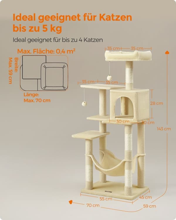 Rootz Cat Scratching Stolpe - Cat Tree - Cat Condo - Spånskiva - Plysch - Sisal Scratcher - 55cm x 45cm x 143cm - Beige - 13kg - 40kg Kapacitet