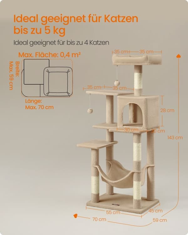 Rootz Kradsestolpe Kattetræ - Katteskraber - Kattetårn - Spånplade - Plys - Sisal - 55 cm x 45 cm x 143 cm - Ideel til 4 katte - 40 kg Kapacitet