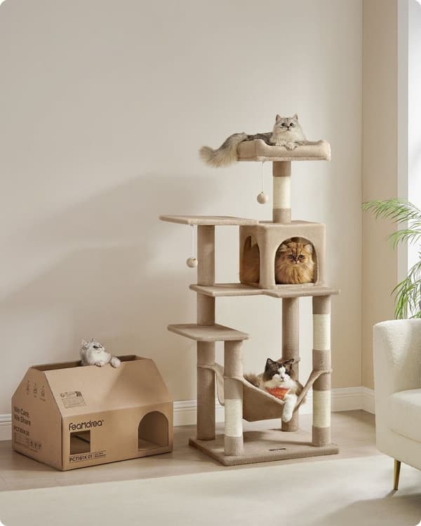 Rootz Kradsestolpe Kattetræ - Katteskraber - Kattetårn - Spånplade - Plys - Sisal - 55 cm x 45 cm x 143 cm - Ideel til 4 katte - 40 kg Kapacitet