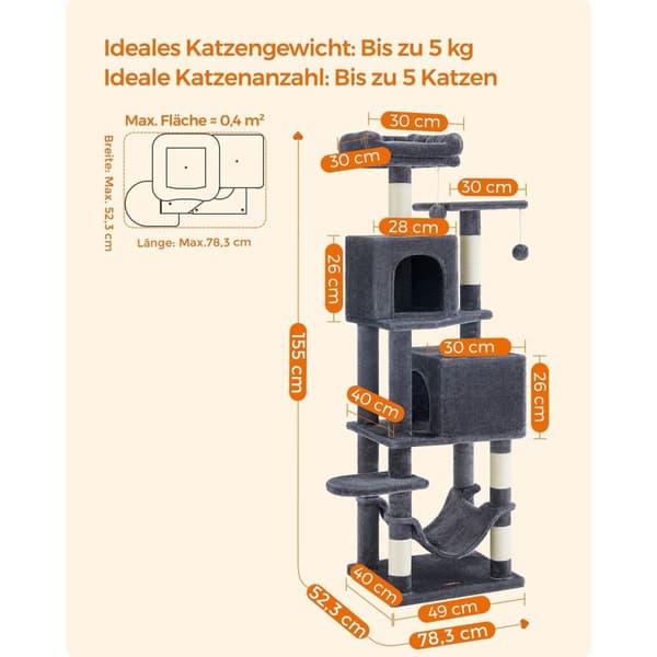 Rootzin raapimistolppa kissoille - Kissapuu - Kissatorni - Lastulevy - Pehmo - Sisal - 49cm x 40cm x 155cm