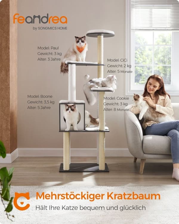 Rootz Kradsestolpe - Kattetræ - Kradse - Spånplade - Plys - Sisal - 58 cm x 40 cm x 165 cm - Tågegrå - 14,4 kg