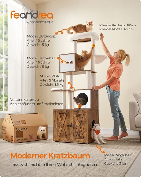 Rootz Kradsestolpe Kattetræ - Vintage Brun - Spånplade - Plys - Sisal - 60 cm x 52 cm x 185 cm - Anti-tip - Omfattende instruktioner