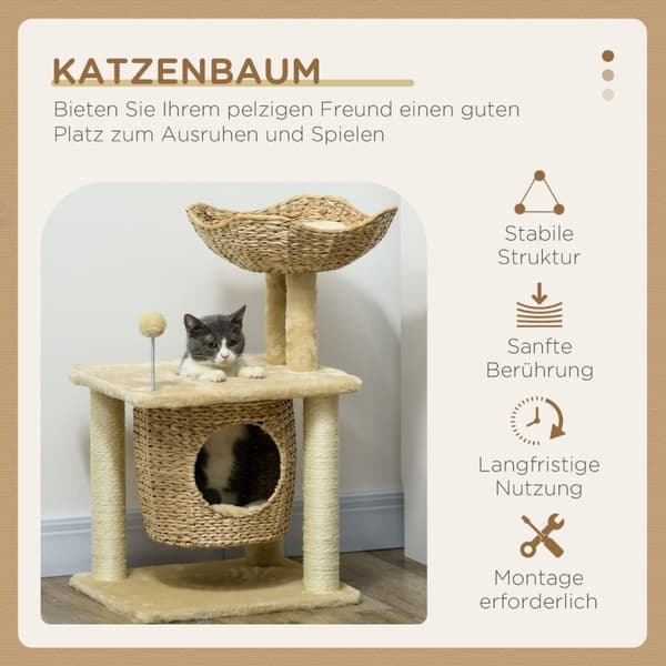 Rootz Cozy Chic Cat Tree - Elegant Feline Tower - Flettet Reed Coaching - Plysbelægninger - Kradsestolper - Sisal - 45cm x 40cm x 74cm