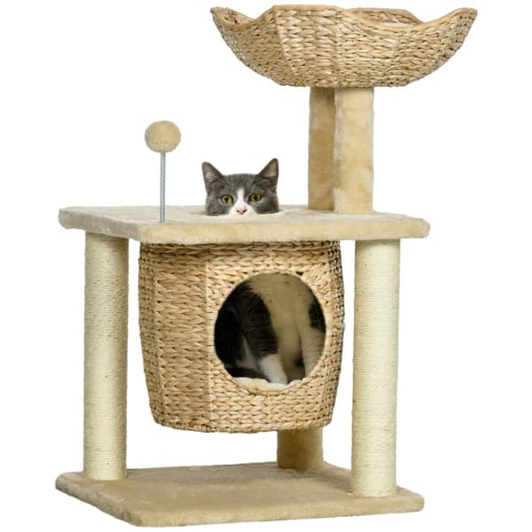 Rootz Cozy Chic Cat Tree - Elegant Feline Tower - Flettet Reed Coaching - Plysbelægninger - Kradsestolper - Sisal - 45cm x 40cm x 74cm