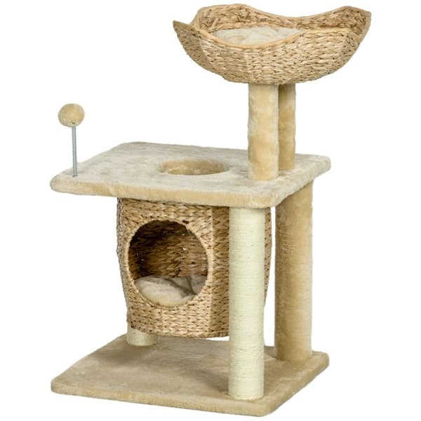 Rootz Cozy Chic Cat Tree - Elegant Feline Tower - Flettet Reed Coaching - Plysbelægninger - Kradsestolper - Sisal - 45cm x 40cm x 74cm