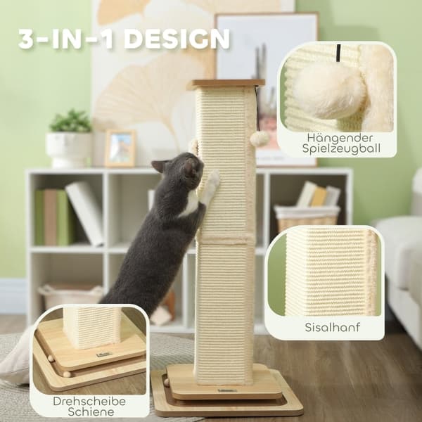 Rootz Cat Scratching Post - Playrail Cat Toy - Sisal Scratcher - MDF Base - 39,5 cm x 39,5 cm x 87 cm