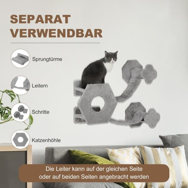 Rootz Cat Klatrevæg - Cat Paradise - Vægmonteret kattetræ - Pladsbesparende - Blødt plys - Spånpladekonstruktion - Lysegrå - 154cm x 30cm x 38cm