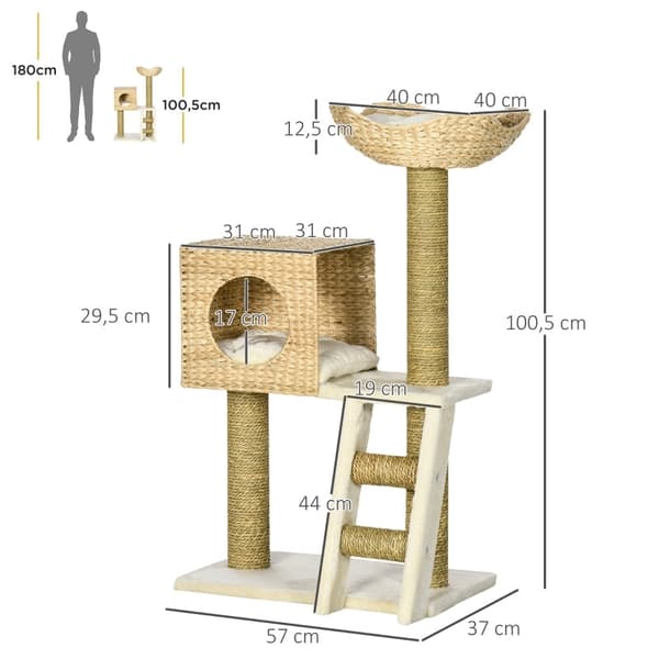 Rootz-kissapuun raapimistolppa - Monitasoinen kiipeilypuu - Kodikas kissatalo - Sisal-raapimistolpat - Lastulevykehys - 57 cm x 37 cm x 100,5 cm