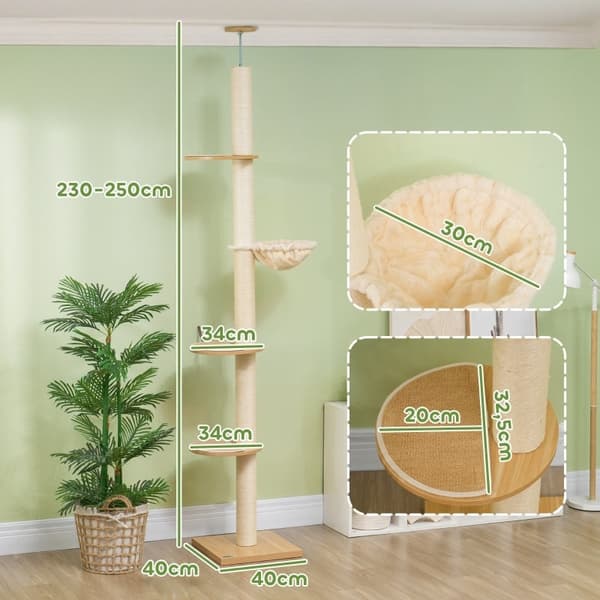 Rootzin lattiasta kattoon ulottuva kissapuu - Cat Tower - Raaputustolppa - Säädettävä korkeus - Puumateriaali - 40cm x 40cm x 230-250cm