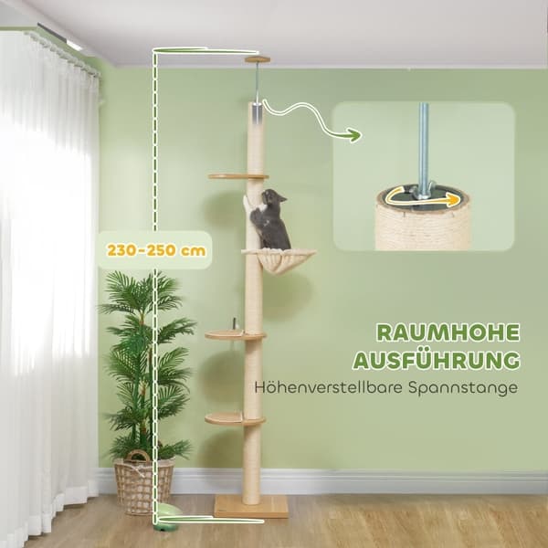 Rootzin lattiasta kattoon ulottuva kissapuu - Cat Tower - Raaputustolppa - Säädettävä korkeus - Puumateriaali - 40cm x 40cm x 230-250cm