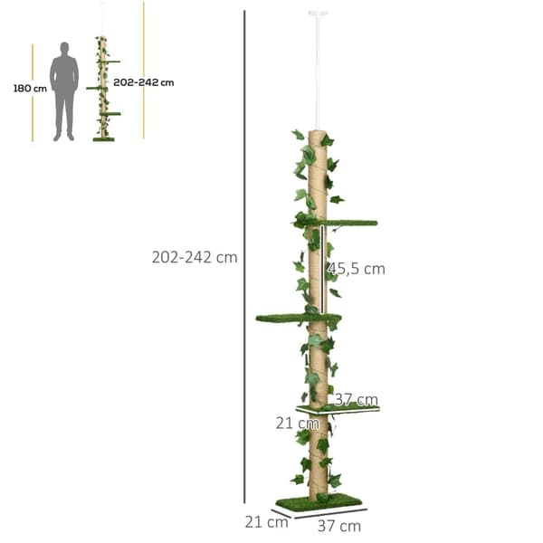 Rootzin lattiasta kattoon ulottuva kissapuu - Korkeussäädettävä raapimistolppa - Keinotekoiset lehdet - Lastulevy - 37 cm x 21 cm x 202-242 cm