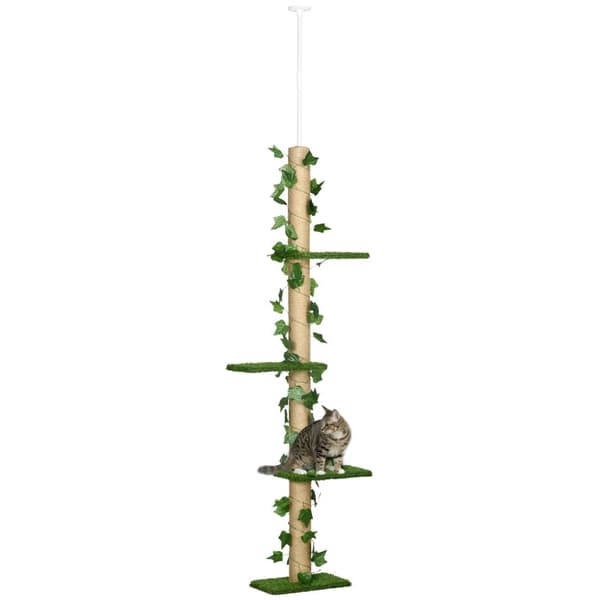 Rootzin lattiasta kattoon ulottuva kissapuu - Korkeussäädettävä raapimistolppa - Keinotekoiset lehdet - Lastulevy - 37 cm x 21 cm x 202-242 cm