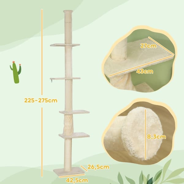 Rootz gulv til loft kattetræ - Justerbar kattekradsestolpe - Udtrækkelig højde - 5 hyggelige gulve - Stabil base - Kattemøbler - 42,5 cm x 26,5 cm x 2