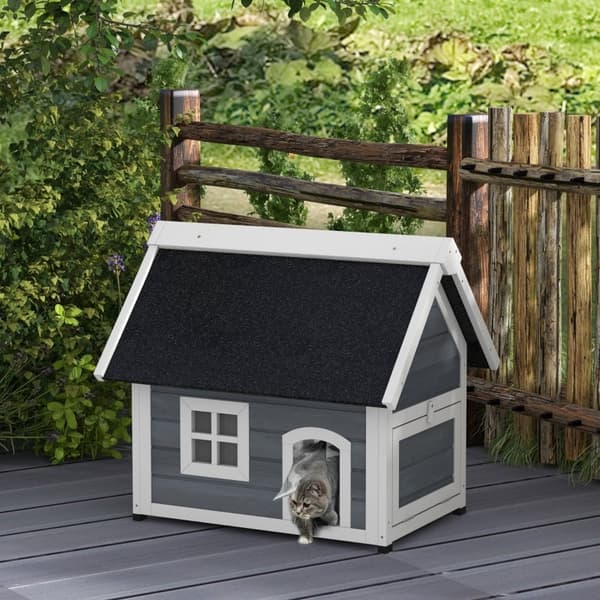Rootz Outdoor Cat House - Hyggeligt husly - Pet Cave - Tredørs design - Vejrbestandigt - Grantræ - 77 cm x 57,5 ​​cm x 68 cm