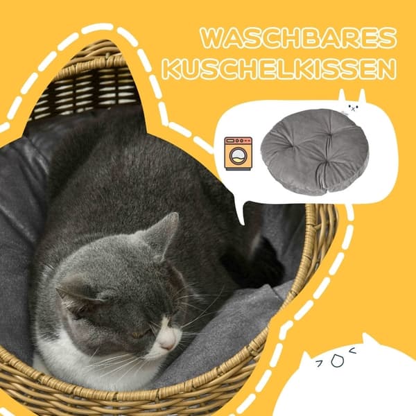 Rootz Rattan Cat House - Kattkorg - Mysig kattsäng - Tvättbar kudde - PE-rotting - 50cm x 31cm - Snygg design