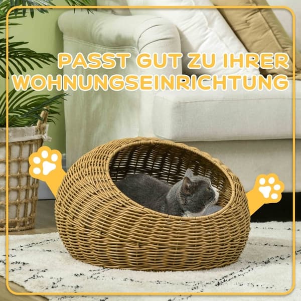 Rootz Rattan Cat House - Kattkorg - Mysig kattsäng - Tvättbar kudde - PE-rotting - 50cm x 31cm - Snygg design