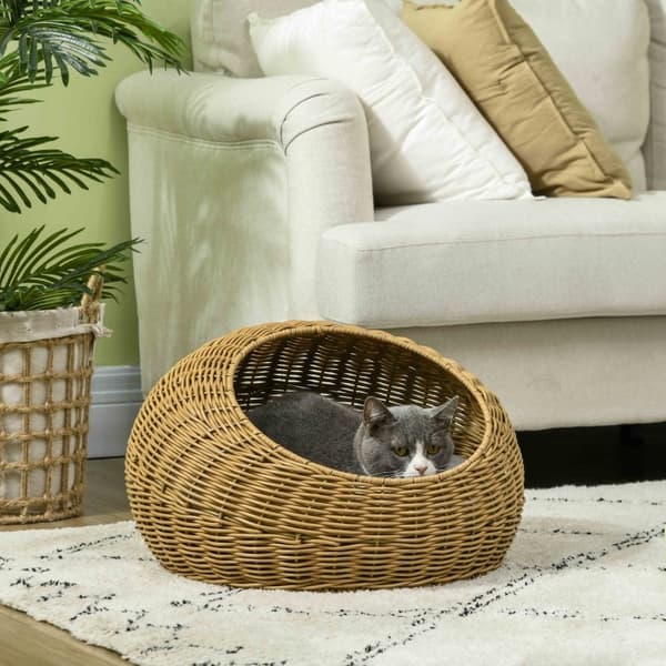 Rootz Rattan Cat House - Kattkorg - Mysig kattsäng - Tvättbar kudde - PE-rotting - 50cm x 31cm - Snygg design