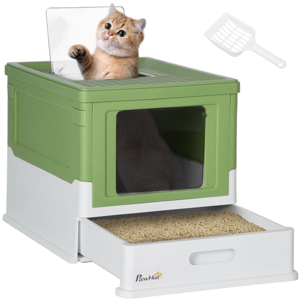 Rootz Modern Cat kattebakke - Button-In Design - Hygiejnisk og rummelig - Affaldsscoop inkluderet - Hvid+grøn - 47,5 cm x 35,5 cm x 36,7 cm