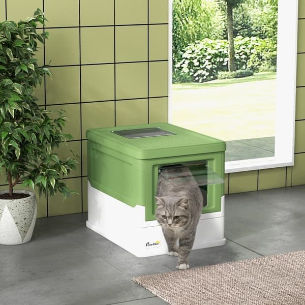 Rootz Modern Cat kattebakke - Button-In Design - Hygiejnisk og rummelig - Affaldsscoop inkluderet - Hvid+grøn - 47,5 cm x 35,5 cm x 36,7 cm