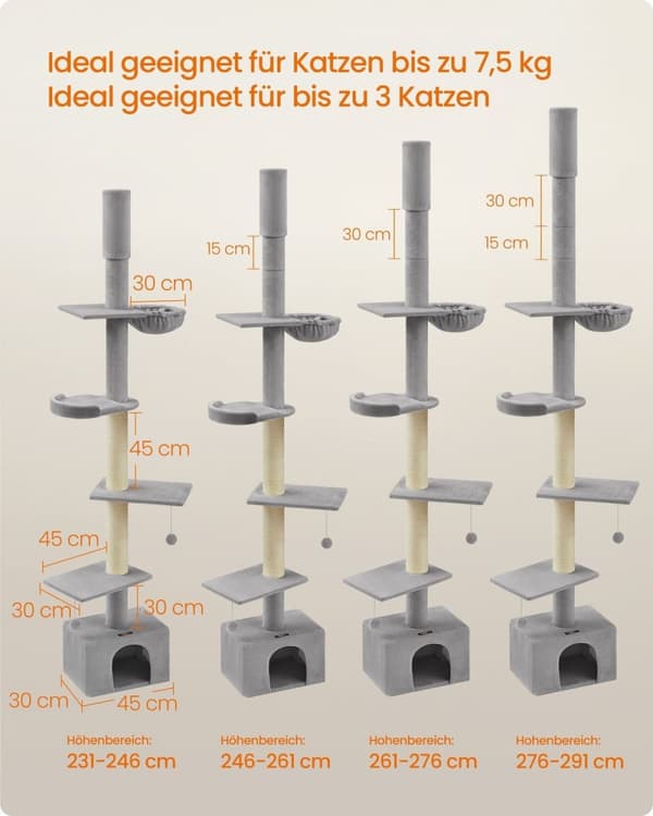 Rootz Ceiling High Cat Tree - Ridsestolpe - Kattetårn - Justerbar højde - Lysegrå - MDF, krydsfiner, plys, sisal - 45 cm x 30 cm x (231-291 cm)