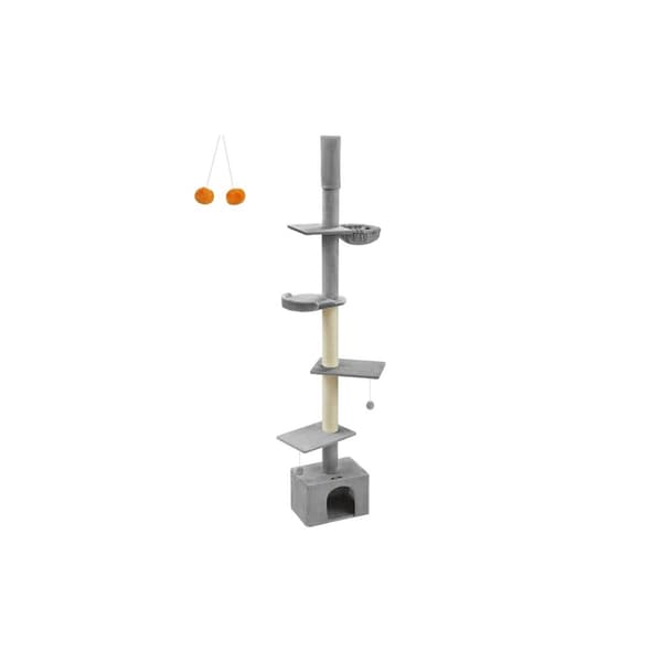Rootz Ceiling High Cat Tree - Ridsestolpe - Kattetårn - Justerbar højde - Lysegrå - MDF, krydsfiner, plys, sisal - 45 cm x 30 cm x (231-291 cm)