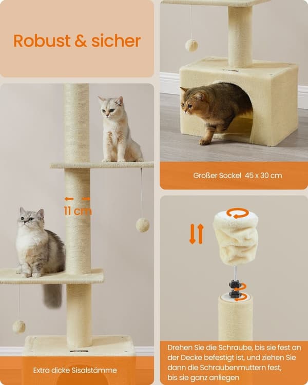 Rootz Cat Tree Ceiling High - Ridsestolpe - Kradser - Højdejustering - Beige - MDF, krydsfiner, plys, sisal - 45 cm x 30 cm x (231-291 cm)