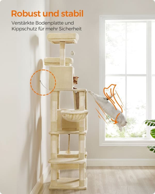 Rootz Stort Beige Kattetræ - Kattelejlighed - Kattetårn i flere niveauer - Spånplade, Plys, Sisal - 60 cm x 50 cm x 206 cm - 23,5 kg - 75 kg Kapacitet
