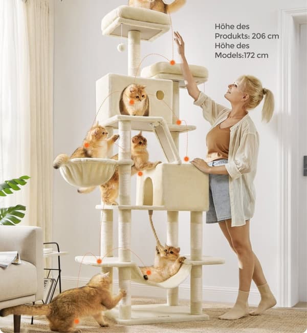 Rootz Stort Beige Kattetræ - Kattelejlighed - Kattetårn i flere niveauer - Spånplade, Plys, Sisal - 60 cm x 50 cm x 206 cm - 23,5 kg - 75 kg Kapacitet