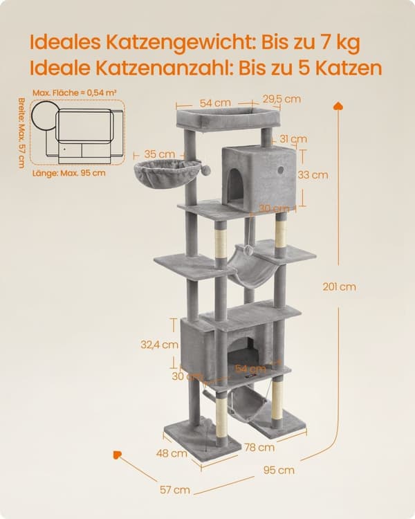 Rootz Large Cat kradsestolpe - Højt kattetræ - Kradse - Spånplade - Plys - Sisal - 78 cm x 48 cm x 201 cm - Lysegrå platform
