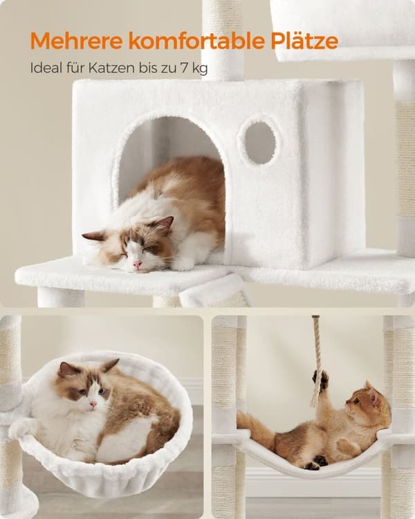 Rootz Stor skrapstolpe - Kattträd - Klättertorn - Spånskiva - Plysch - Sisal - 60cm x 50cm x 206cm, Creme White