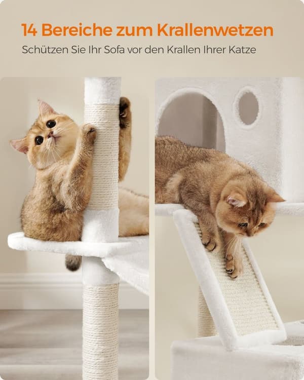 Rootz Stor skrapstolpe - Kattträd - Klättertorn - Spånskiva - Plysch - Sisal - 60cm x 50cm x 206cm, Creme White