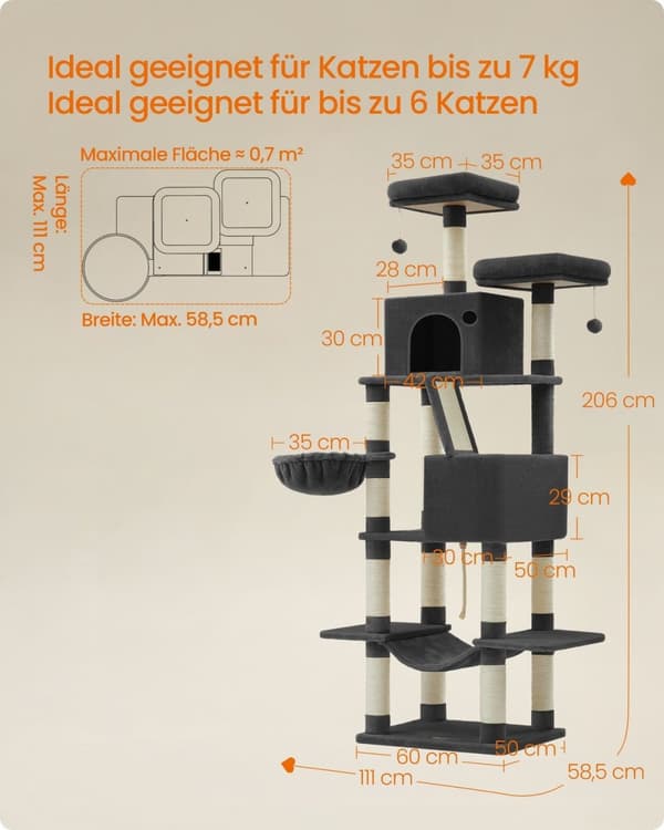 Rootz stor skrapstolpe - Kattträd med flera nivåer - Bläck Svart - Spånskiva och plysch - 60 cm x 50 cm x 206 cm - 23,5 kg - Max belastning 75 kg