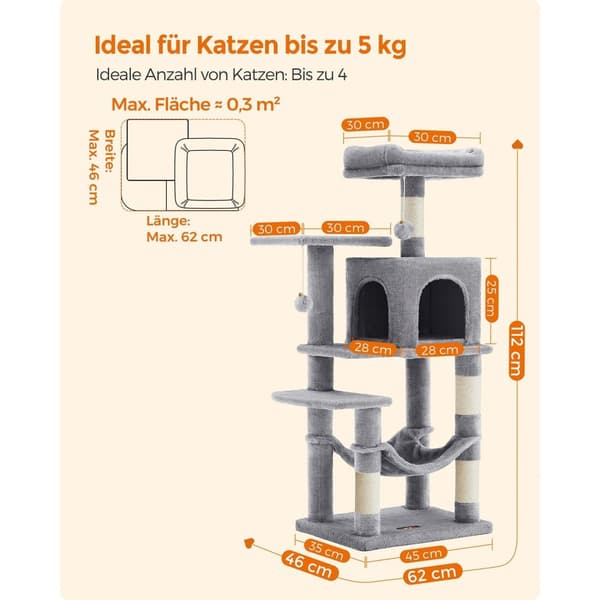 Rootz Kradsestolpe 112 cm - Kattetræ - Katteklatrer - Platform og hængekøje - Lysegrå - Spånplade og plys - 45 cm x 35 cm x 112 cm