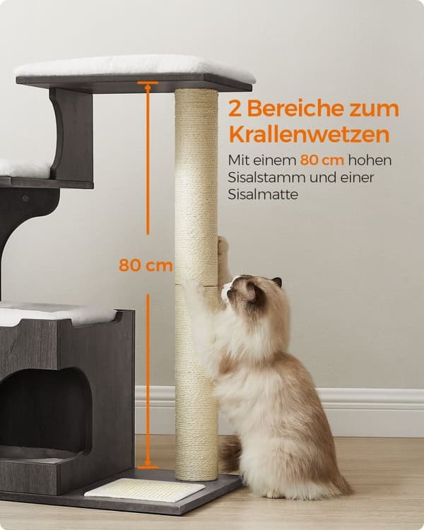 Rootz Skrapstolpe - Kattträd - Kattskrapa - Tvättbar kattsäng - Spånskiva - 500 g/m2 Plysch - Sisal - 66cm x 40cm x 86cm