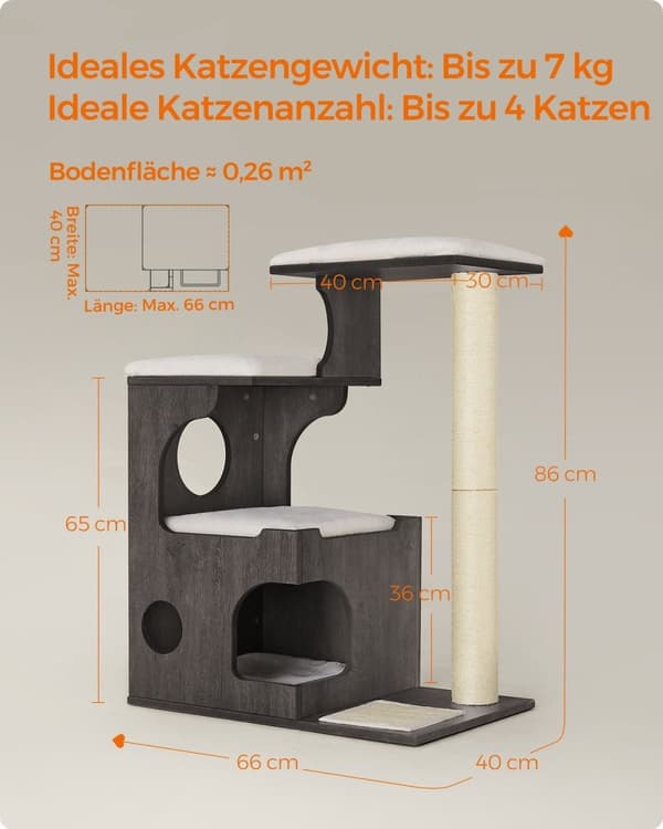 Rootz Skrapstolpe - Kattträd - Kattskrapa - Tvättbar kattsäng - Spånskiva - 500 g/m2 Plysch - Sisal - 66cm x 40cm x 86cm