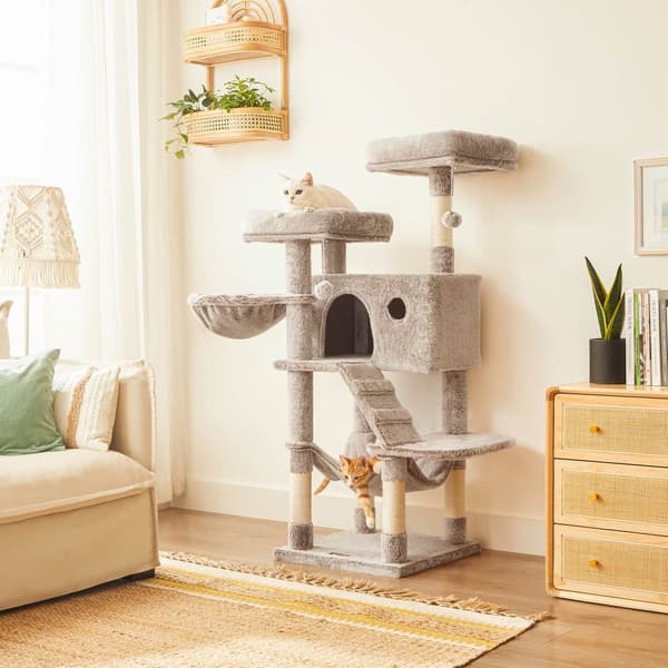 Scratching Post - Cat Tree - med 2 plattformar, hängmatta och mjuk täckning - ljusbrun