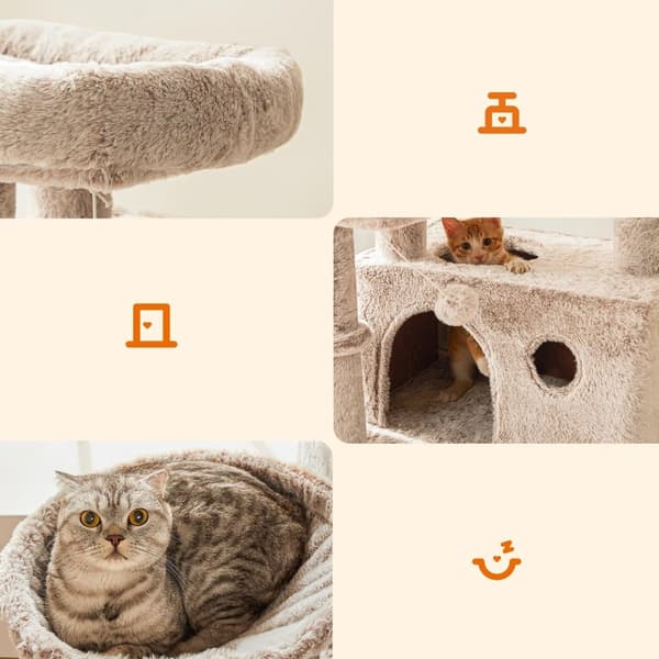 Scratching Post - Cat Tree - med 2 plattformar, hängmatta och mjuk täckning - ljusbrun