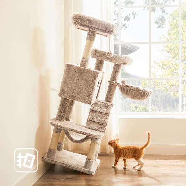 Scratching Post - Cat Tree - med 2 plattformar, hängmatta och mjuk täckning - ljusbrun