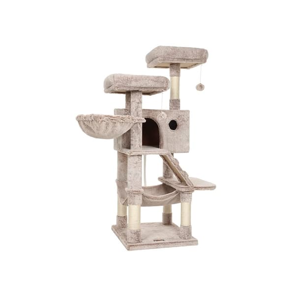 Scratching Post - Cat Tree - Med 2 platforme, hængekøje og blød dækning - lysebrun