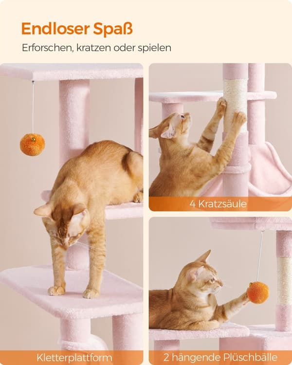 Scratching Post - 143 cm høj - 2 plateauer og hængekøje - pastelrosa