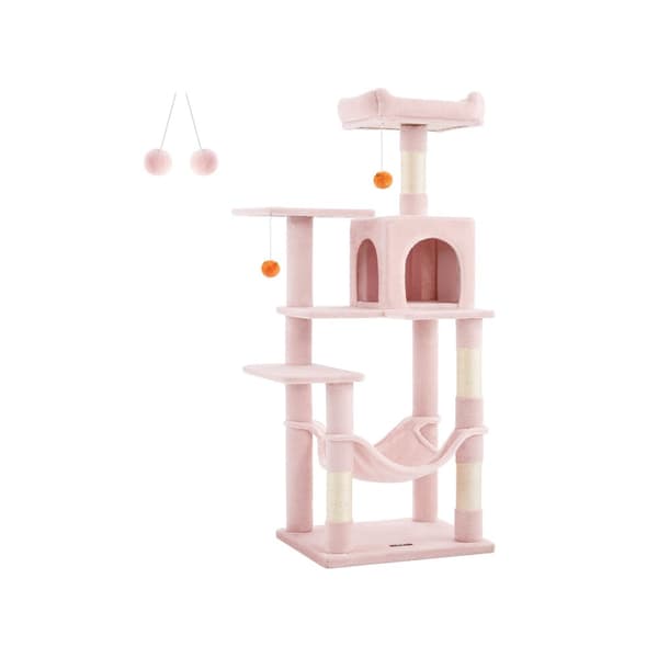 Scratching Post - 143 cm høj - 2 plateauer og hængekøje - pastelrosa