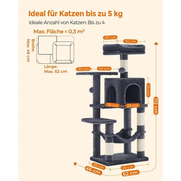 Scratching Post - 112 cm - med platåer och hängmatta - rökgrå