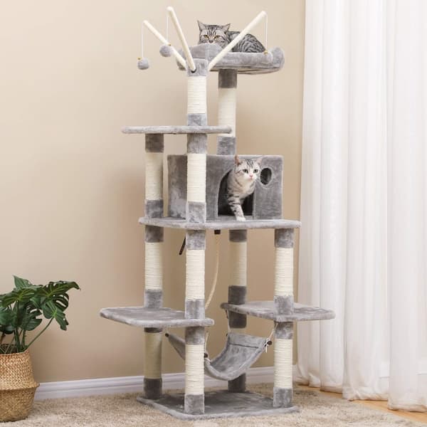 Scratching Post - Stabil klatretræ - Hængekøje og hul - 154 cm - Lysegrå