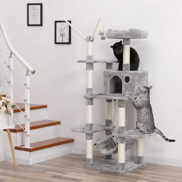 Scratching Post - Stabil klatretræ - Hængekøje og hul - 154 cm - Lysegrå
