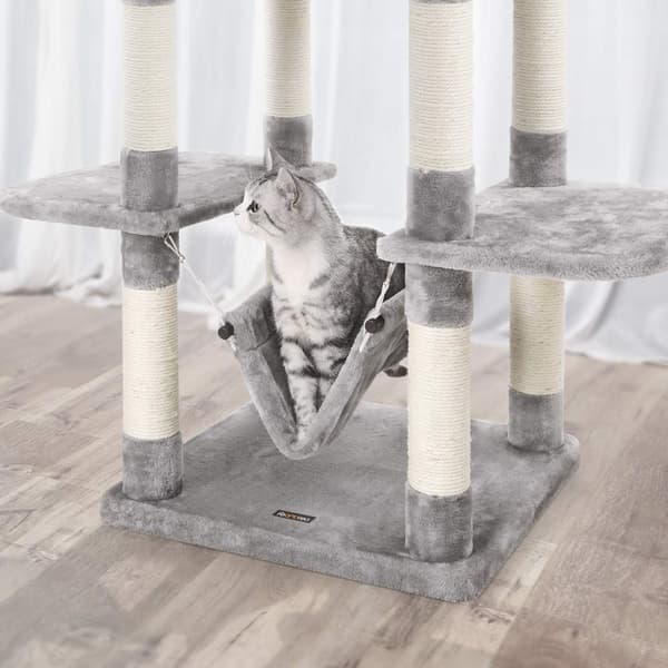 Scratching Post - Stabil klatretræ - Hængekøje og hul - 154 cm - Lysegrå