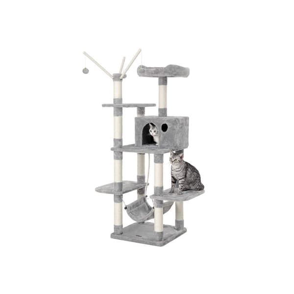 Scratching Post - Stabil klatretræ - Hængekøje og hul - 154 cm - Lysegrå