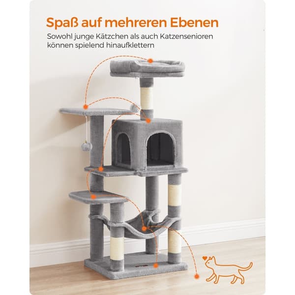 Scratching Post - 112 cm - med plateauer og hængekøje - lysegrå