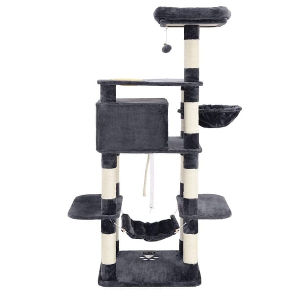 Scratching Post - 2 platforme - Hang Basket and Food Bowl - 174 cm - Grå