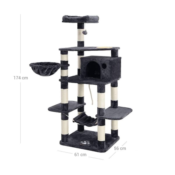 Scratching Post - 2 platforme - Hang Basket and Food Bowl - 174 cm - Grå