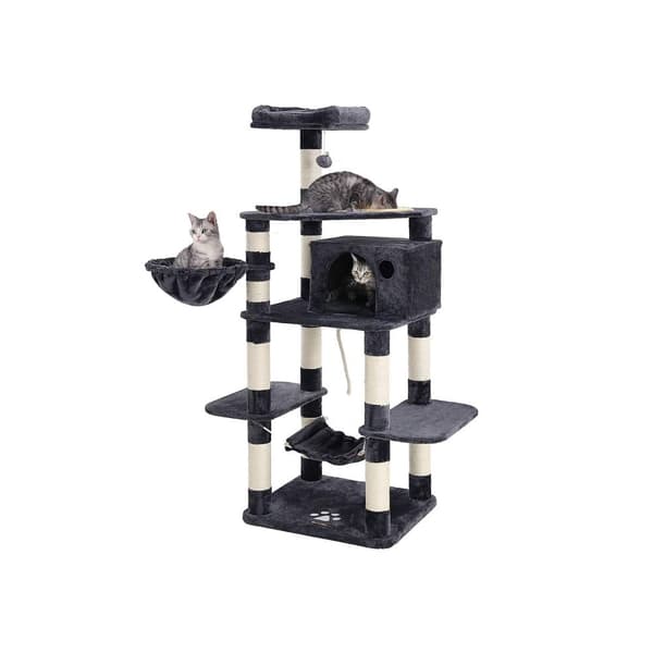Scratching Post - 2 platforme - Hang Basket and Food Bowl - 174 cm - Grå